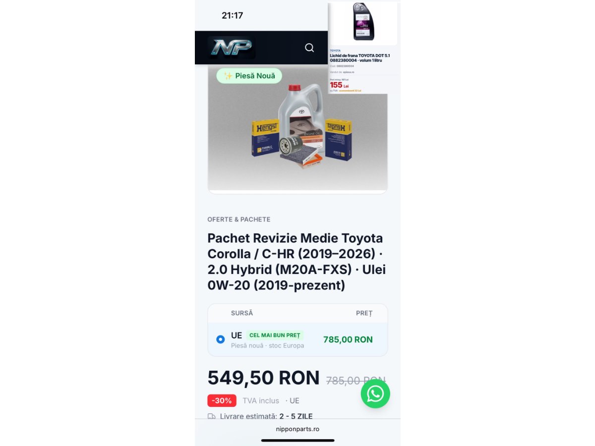 Pachet Revizie Medie Toyota Corolla / C-HR (2019–2026) · 2.0 Hybrid (M20A-FXS) · Ulei 0W-20 (2019-prezent) 2