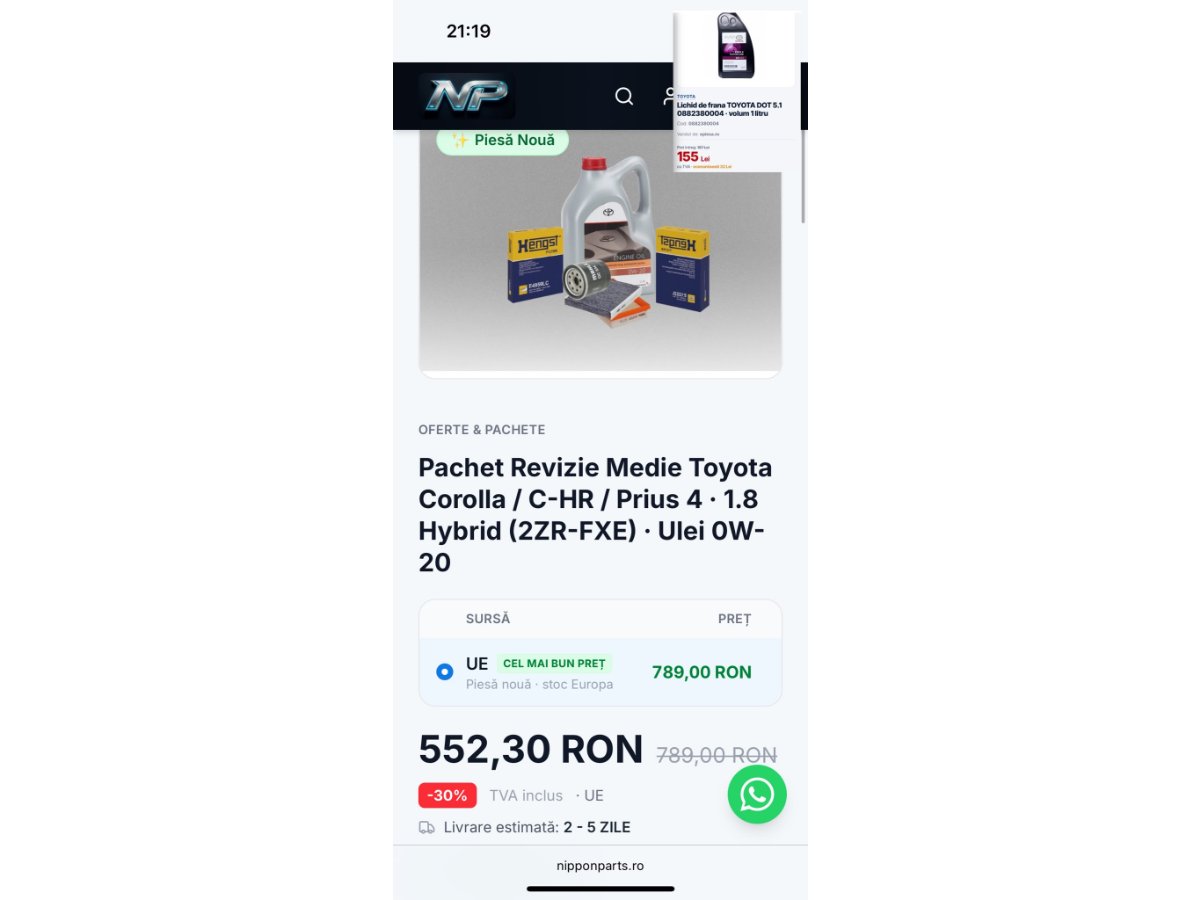 Pachet Revizie Medie Toyota Corolla / C-HR / Prius 4 · 1.8 Hybrid (2ZR-FXE) · Ulei 0W-20 2