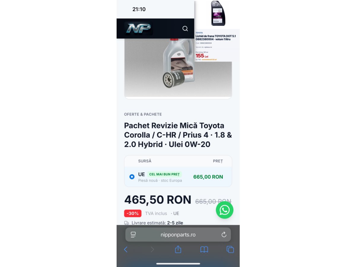 Pachet Revizie Mică Toyota Corolla / C-HR / Prius 4 · 1.8 & 2.0 Hybrid · Ulei 0W-20 2